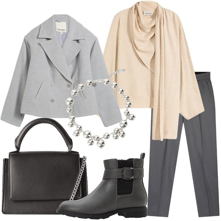 Outfit donna - Maglioni avvolgenti - Focus Donna Curvy. Stile Casual chic per Tutti i giorni. Abbinamento con caban, maglieria, stivaletti chelsea, pantaloni chino, borse a tracolla, collane.
