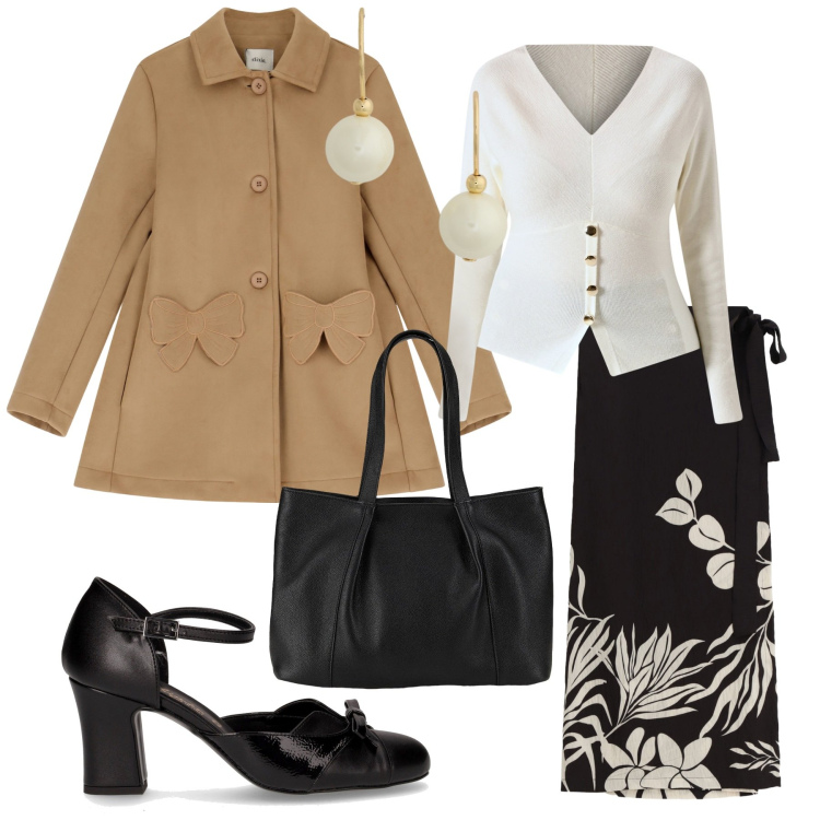 Outfit donna - Total look #2260042. Stile Glamour per Serata fuori. Abbinamento con shopping bag, maglieria, cappotti, gonne lunghe, orecchini, décolleté.
