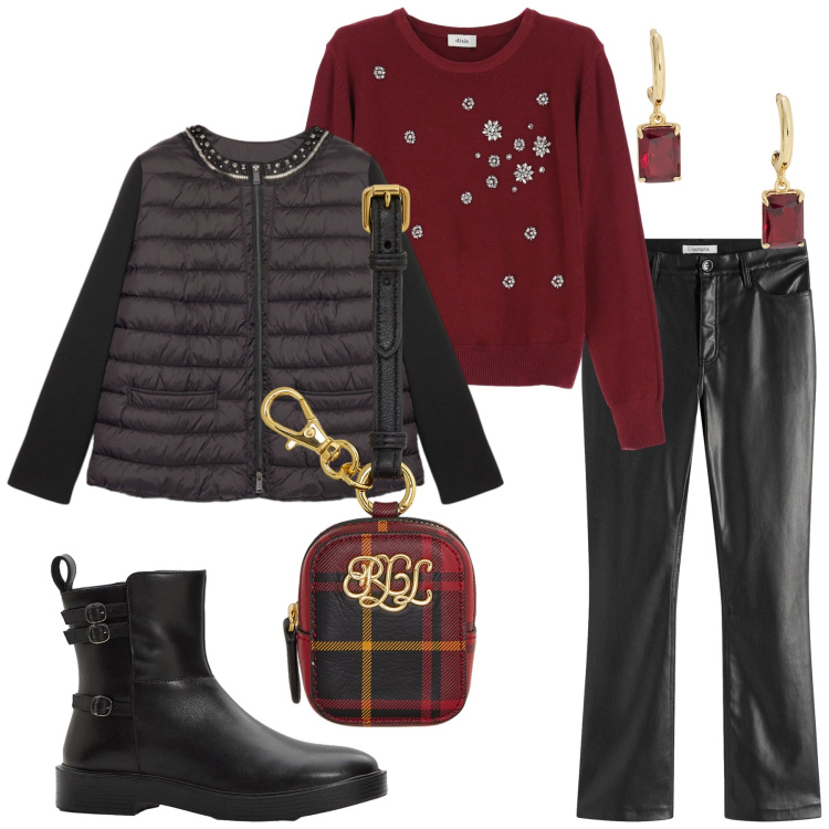Outfit donna - Autunno in rosso. Stile Trendy per Serata fuori. Abbinamento con pantaloni, stivaletti, maglieria, pochette, orecchini, piumini.