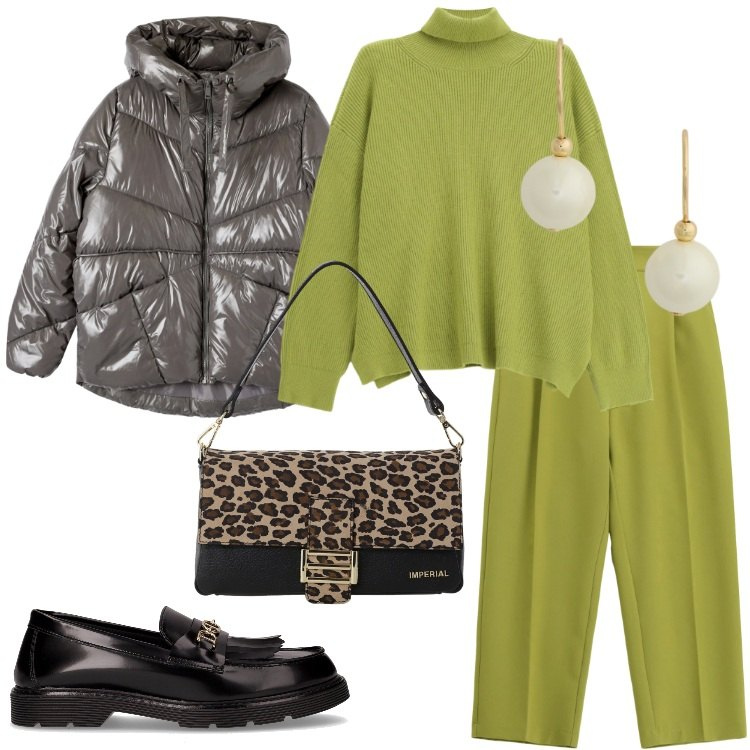 Outfit donna - Maglioni avvolgenti - Focus Donna Curvy. Stile Trendy per Ufficio. Abbinamento con bomber, pantaloni, borse a spalla, maglieria, orecchini, mocassini.