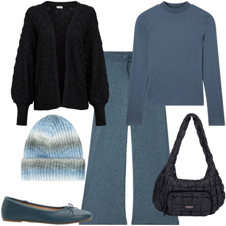 Outfit donna - Total look #2260046. Stile Urban per Tutti i giorni. Abbinamento con cardigans, ballerine, berretti, t-shirt, pantaloni, borse a spalla.