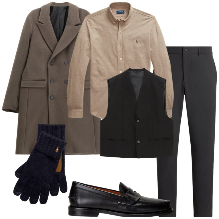 Outfit uomo - Total look #2260048. Stile Business/Elegante per Cerimonia. Abbinamento con gilet, cappotti, pantaloni, scarpe stringate, guanti, camicie.