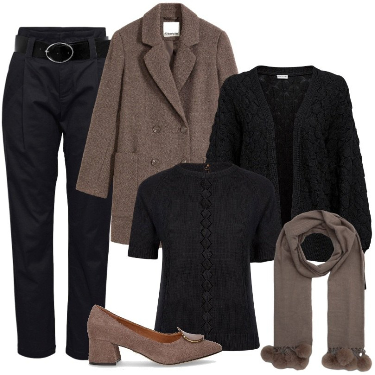 Outfit donna - Total look #2260049. Stile Casual per Ufficio. Abbinamento con pantaloni, cappotti, cardigans, sciarpe, maglieria, décolleté.