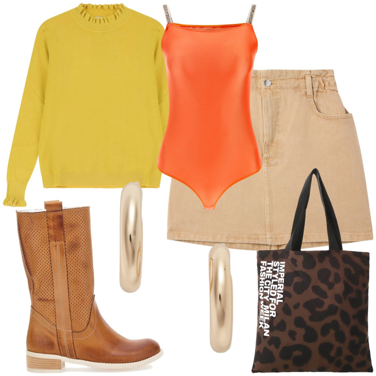 Outfit donna - Un autunno a colori. Stile Trendy per Tutti i giorni. Abbinamento con minigonne, shopping bag, maglieria, body, orecchini, anfibi.