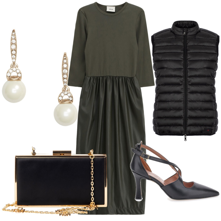 Outfit donna - Lo smanicato portato chic. Stile Chic per Serata fuori. Abbinamento con pochette, vestiti midi/longuette, orecchini, piumini, décolleté.