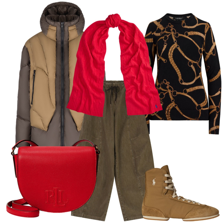 Outfit donna - Il tocco rosso. Stile Sporty chic per Tutti i giorni. Abbinamento con pantaloni a palazzo, piumini, sciarpe, borse a tracolla, maglieria, stivaletti.