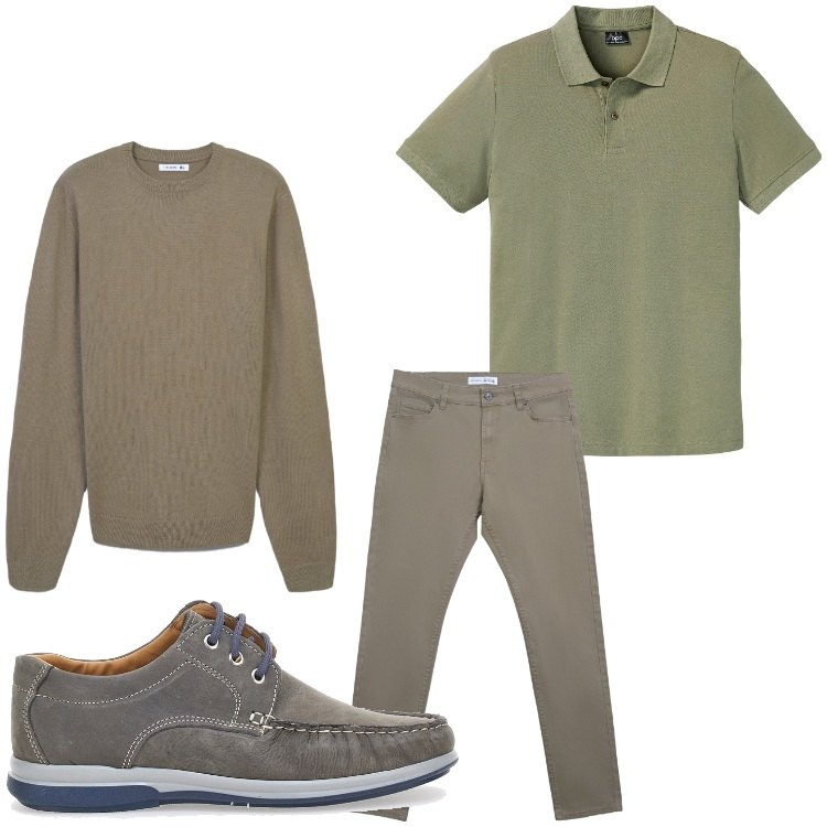 Outfit uomo - Tutti i giorni. Stile Casual per Tutti i giorni. Abbinamento con polo, pantaloni skinny, maglieria, scarpe stringate.