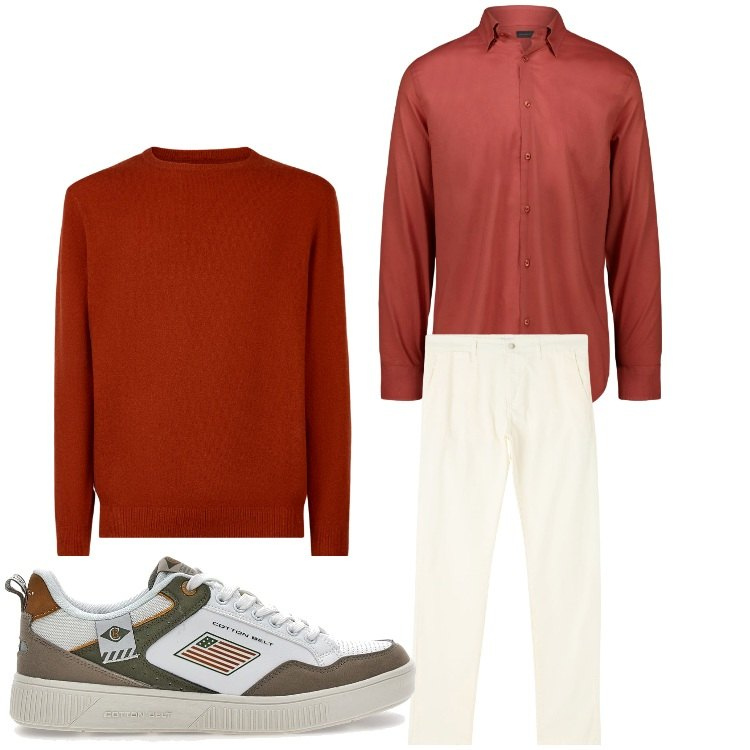 Outfit uomo - Arancio in autunno. Stile Casual per Tutti i giorni. Abbinamento con pantaloni chino, maglieria, sneakers, camicie.