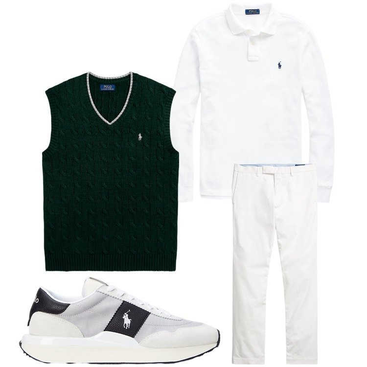 Outfit uomo - Tennis club. Stile Casual per Tutti i giorni. Abbinamento con pantaloni chino, maglieria, sneakers, polo.
