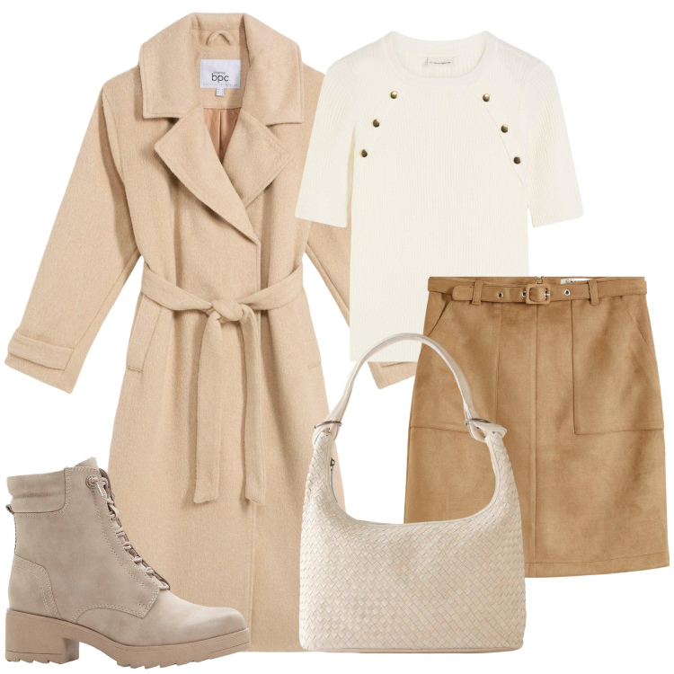 Outfit donna - Colori tenui. Stile Casual per Tutti i giorni. Abbinamento con cappotti, gonne, stivaletti, maglieria, shopping bag.