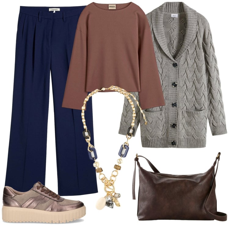 Outfit donna - Maglieria avvolgente. Stile Casual chic per Tutti i giorni. Abbinamento con maglieria, pantaloni, cardigans, borse a tracolla, sneakers, collane.
