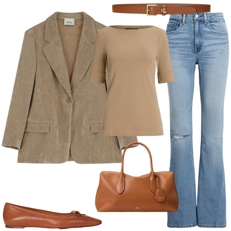 Outfit donna - La classe non è acqua. Stile Casual chic per Tutti i giorni. Abbinamento con blazer, jeans, cinture, ballerine, t-shirt, borse a mano.
