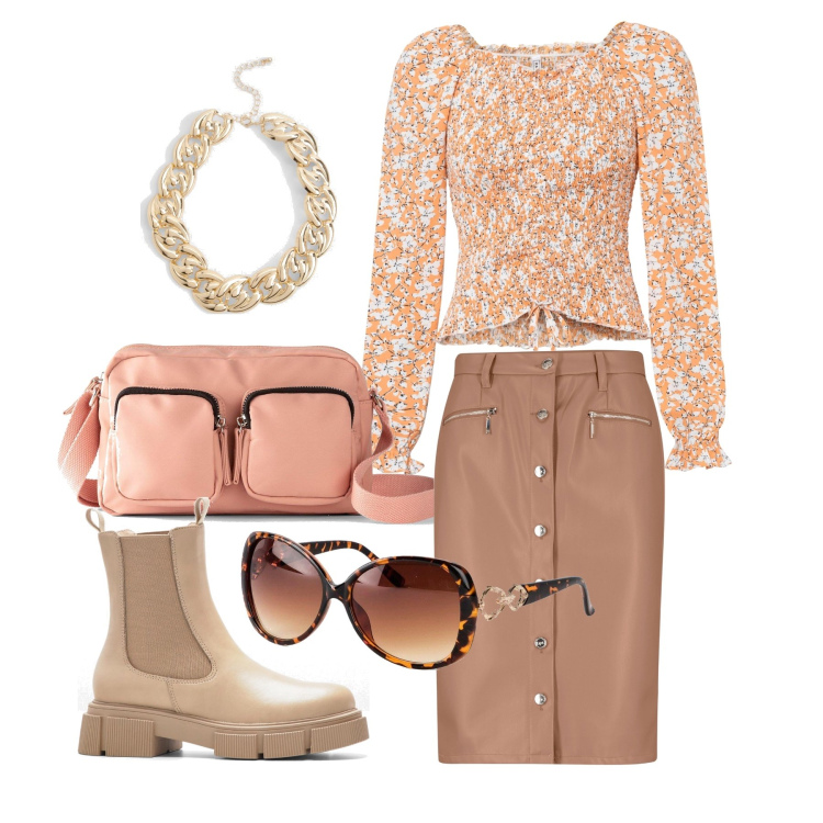 Outfit femme - Octobre. Style Tendance pour Tous les jours. Assortir avec jupes, lunettes de soleil, tuniques, sacs en bandoulière, boots, colliers.