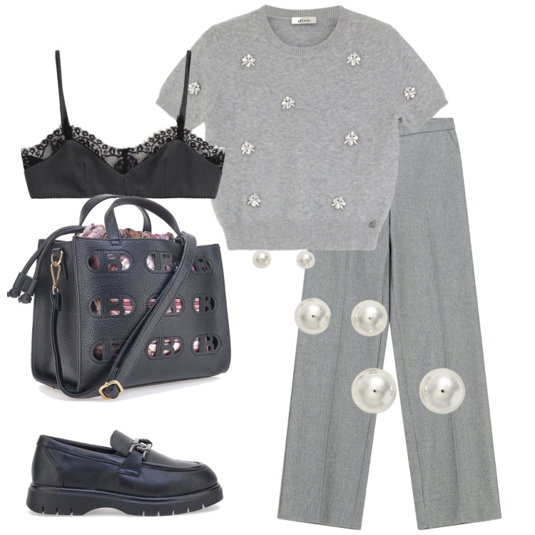 Outfit donna - Total look #2260071. Stile Casual per Tutti i giorni. Abbinamento con pantaloni a palazzo, top, maglieria, orecchini, mocassini, borse a mano.