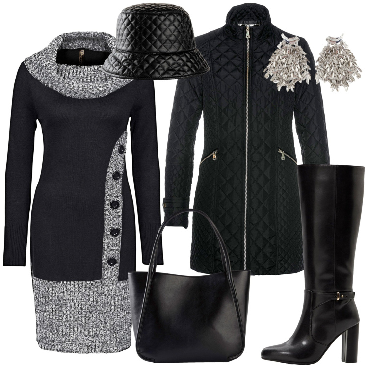 Outfit donna - Total look #2260072. Stile Urban per Tutti i giorni. Abbinamento con stivali, vestiti, cappelli con visiera, blazer, shopping bag, orecchini.
