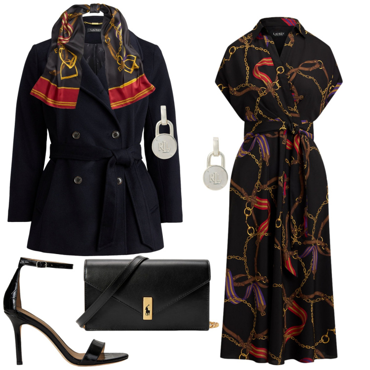 Outfit donna - Total look #2260073. Stile Chic per Serata fuori. Abbinamento con orecchini, clutch, sandali in pelle, sciarpe, cappotti, vestiti.