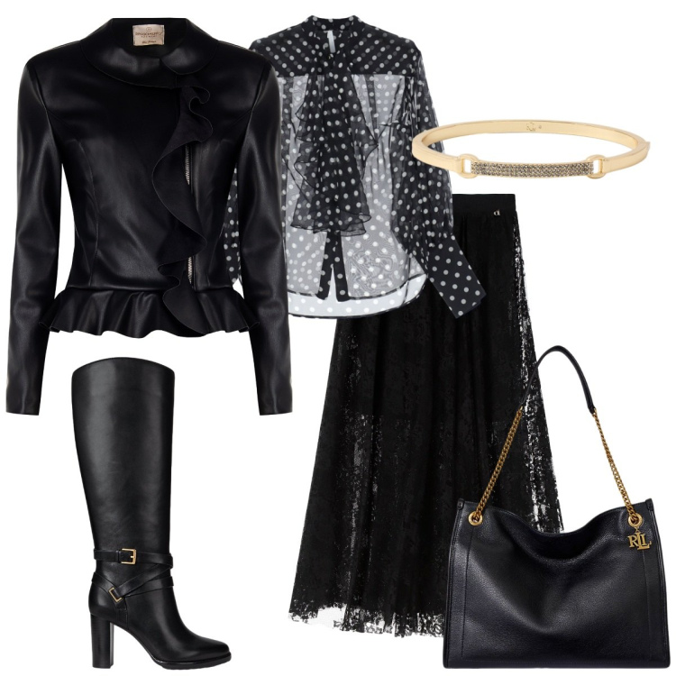 Outfit donna - Gonna e stivali. Stile Casual chic per Serata fuori. Abbinamento con blazer, camicie, gonne lunghe, stivali, borse tote, braccialetti.