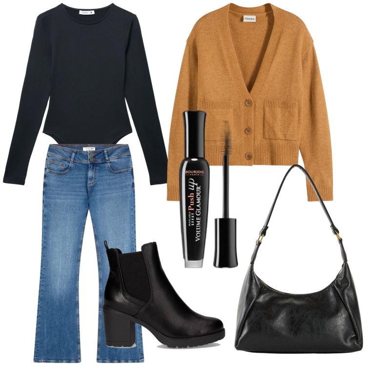 Outfit donna - Total look #2260075. Stile Casual per Tutti i giorni. Abbinamento con cardigans, borse a mano, mascara, jeans a zampa, body, stivaletti chelsea.