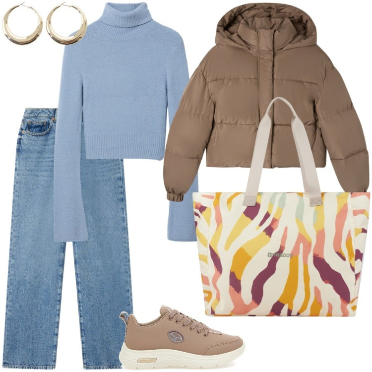 Outfit donna - Total look #2260078. Stile Casual per Scuola/Università. Abbinamento con jeans dritti, maglieria, bomber, shopping bag, orecchini, sneakers.