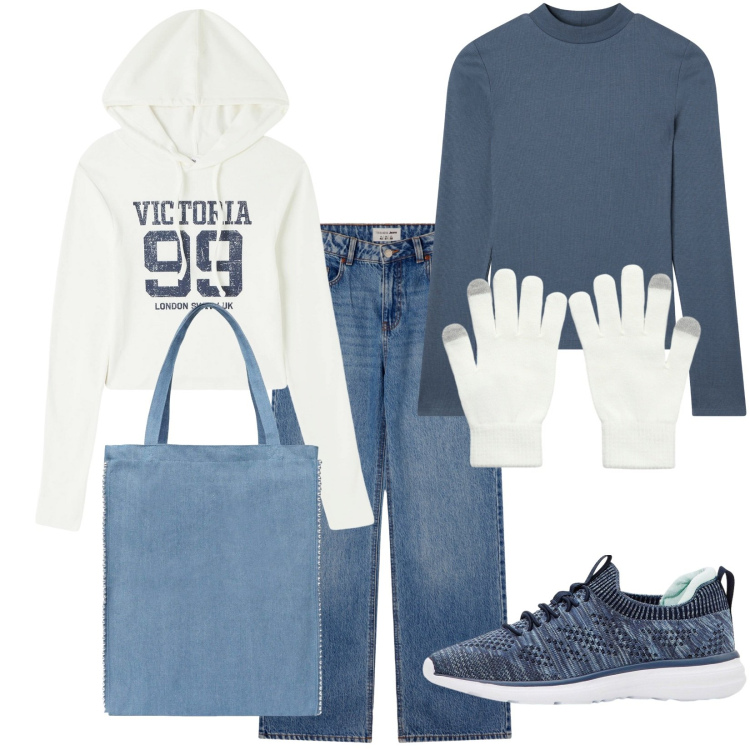 Outfit donna - Total look #2260080. Stile Urban per Tutti i giorni. Abbinamento con sneakers, t-shirt sportive, t-shirt, borse tote, jeans, guanti.