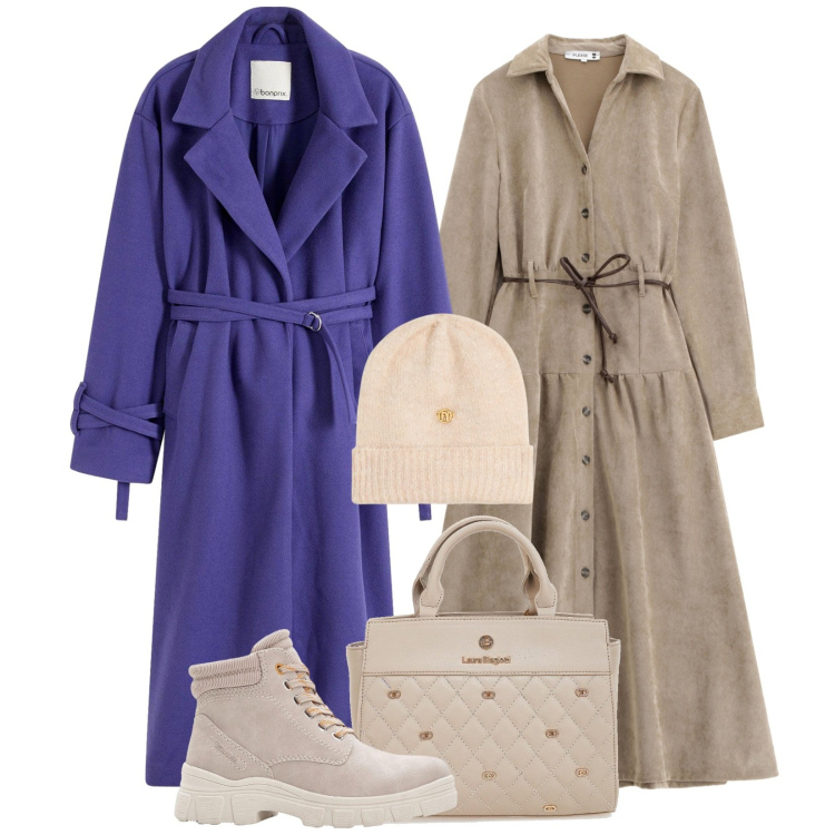 Outfit donna - Il cappotto viola per i primi freddi. Stile Casual chic per Tutti i giorni. Abbinamento con stivaletti, cappotti, vestiti lunghi, berretti, borse a mano.