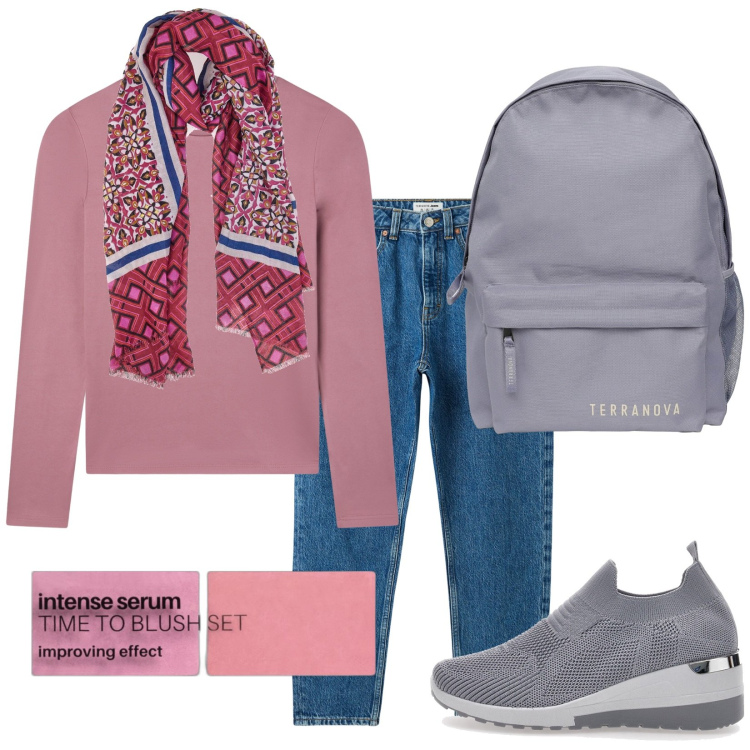 Outfit donna - Total look #2260083. Stile Casual per Scuola/Università. Abbinamento con blush, jeans mom, zaini, t-shirt, foulard, sneakers.