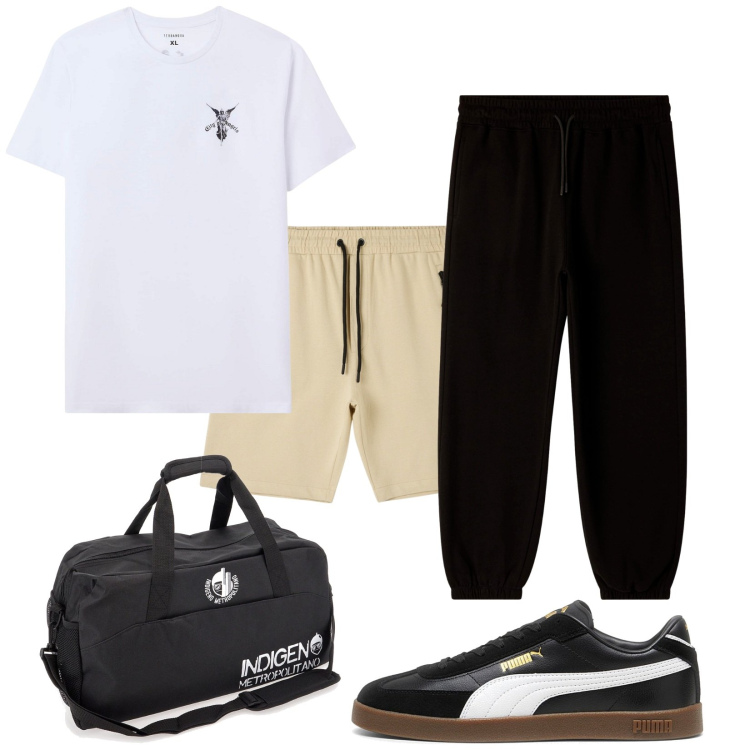 Outfit uomo - Palestra time. Stile Casual per Sport. Abbinamento con pantaloni, t-shirt, pantaloncini sportivi, borse sportive, sneakers.