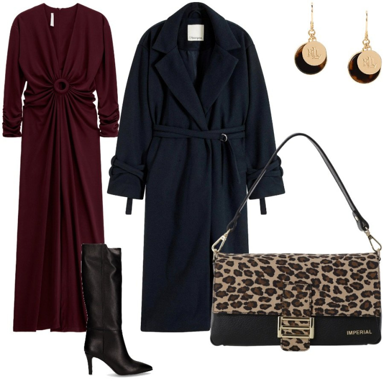Outfit donna - Total look #2260085. Stile Chic per Serata fuori. Abbinamento con cappotti, borse a spalla, vestiti lunghi, orecchini, stivali.