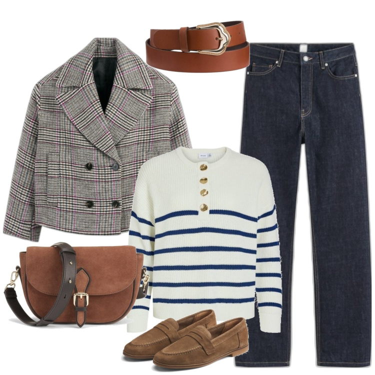 Outfit mujer - Casual chic #16524. Estilo Casual chic para Todos los días. Combinación con vaqueros rectos, bandoleras, prendas de punto, mocasines, abrigos, cinturones.