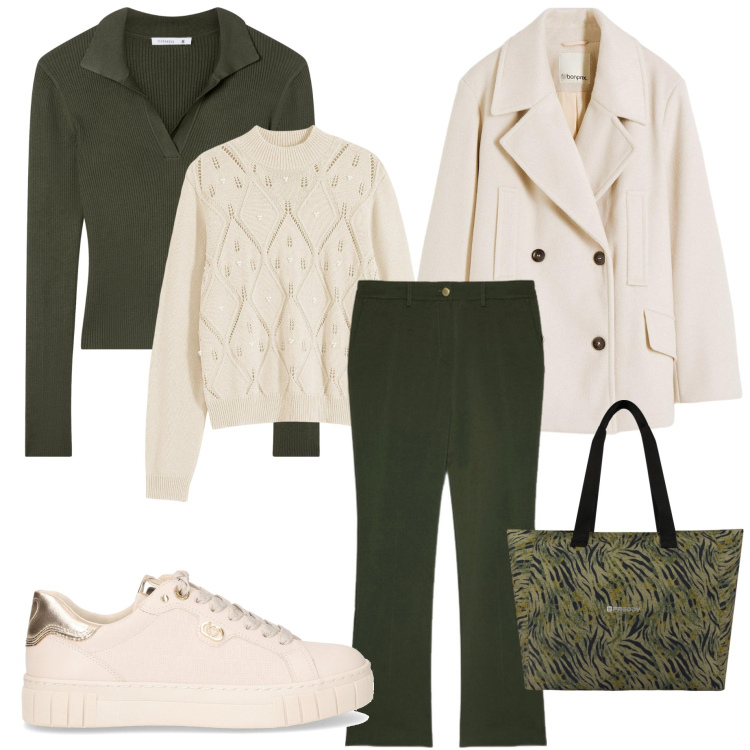 Outfit donna - Verde bosco. Stile Casual chic per Tutti i giorni. Abbinamento con caban, maglieria, maglieria, shopping bag, sneakers, pantaloni.