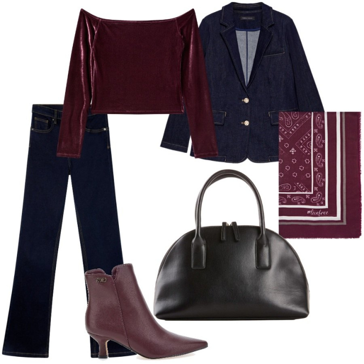 Outfit donna - So pretty. Stile Casual chic per Serata fuori. Abbinamento con shopping bag, jeans a zampa, bluse, stivaletti, foulard, blazer.