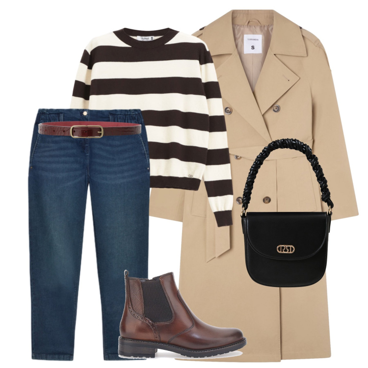 Outfit donna - Semplice mai banale. Stile Casual per Tutti i giorni. Abbinamento con trench, pullovers, borse a mano, cinture, stivaletti chelsea, jeans.
