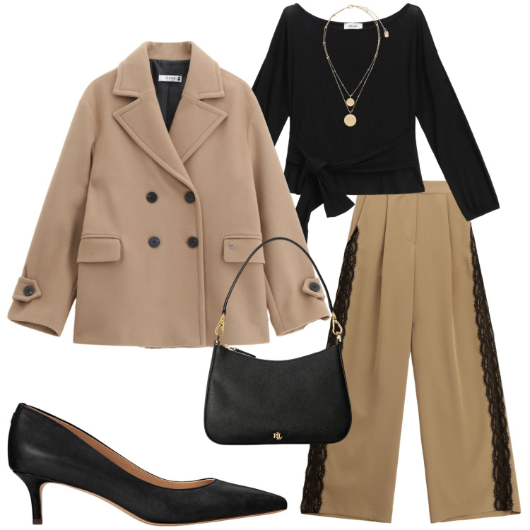 Outfit donna - Color biscotto. Stile Casual chic per Serata fuori. Abbinamento con cappotti, pantaloni a palazzo, top, ciondoli, décolleté, borse a spalla.