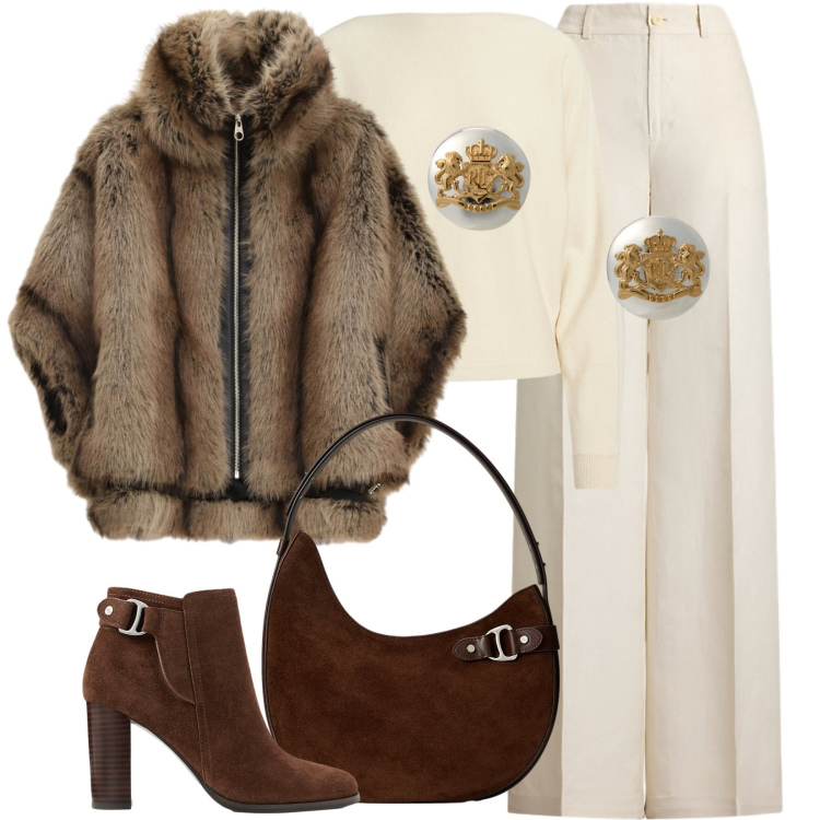 Outfit donna - Un pellicciotto in autunno. Stile Glamour per Serata fuori. Abbinamento con blazer, orecchini, pantaloni, stivaletti, maglieria, borse a spalla.