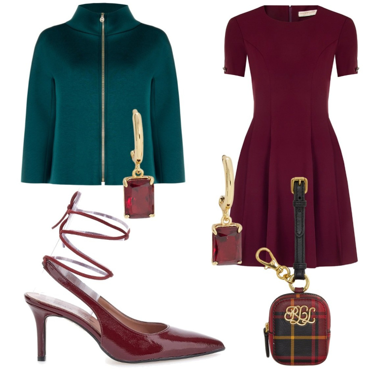 Outfit donna - Ottanio power. Stile Chic per Serata fuori. Abbinamento con vestiti corti, cappe, pochette, orecchini, décolleté.