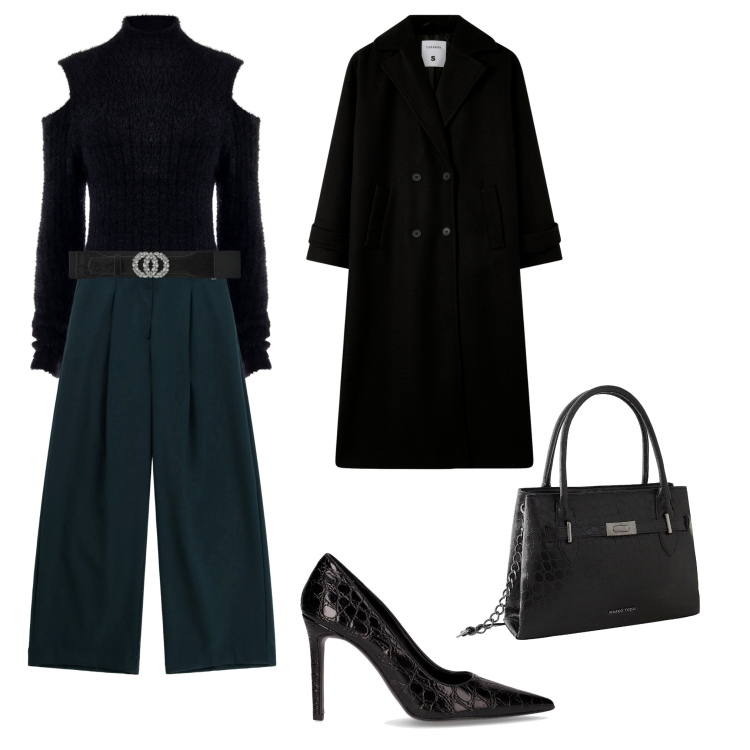 Outfit donna - Total look #2260103. Stile Casual per Serata fuori. look ideale per Petite. Abbinamento con borse a mano, cinture, cappotti, maglieria, pantaloni a palazzo, décolleté.