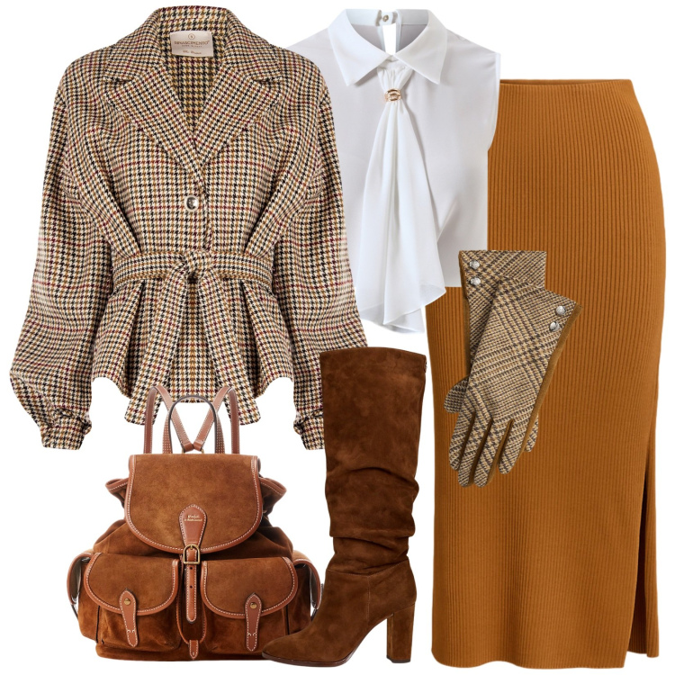 Outfit donna - Gonna e stivali - verve autunnale. Stile Chic per Ufficio. Abbinamento con caban, top, zaini, stivali, gonne, guanti.