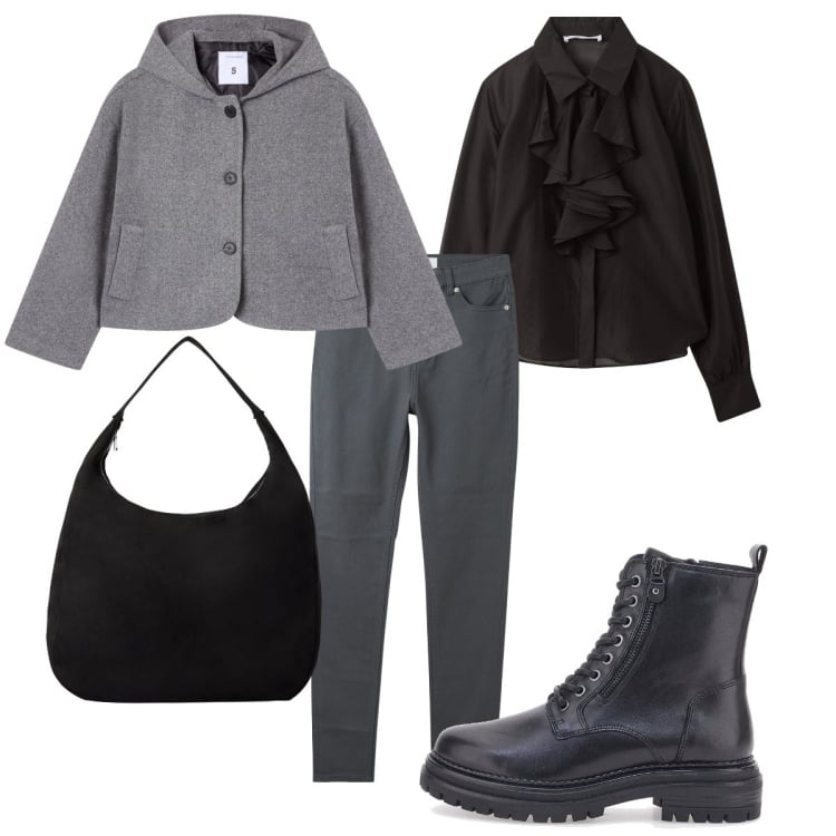 Outfit donna - Primi freddi con Terranova. Stile Casual chic per Tutti i giorni. Abbinamento con pantaloni skinny, camicie, borse a mano, caban, anfibi.