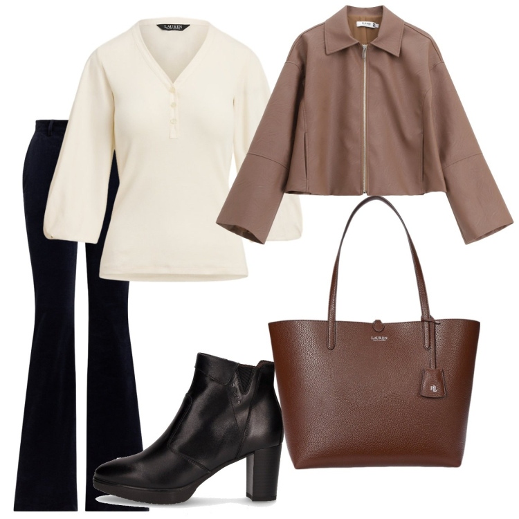 Outfit donna - In città. Stile Urban per Tutti i giorni. Abbinamento con blazer, borse tote, maglieria, pantaloni, stivaletti.