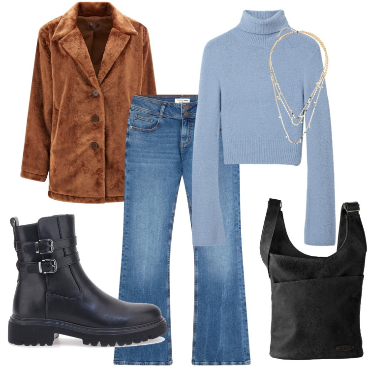 Outfit donna - BASIC. Stile Basic per Tutti i giorni. Abbinamento con borse a tracolla, collane, jeans a zampa, maglieria, cappotti, stivaletti.