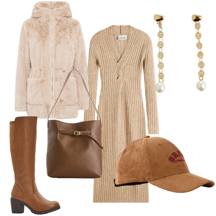 Outfit donna - Colori neutri. Stile Trendy per Tutti i giorni. Abbinamento con stivali, vestiti, ecopellicce, cappelli con visiera, borse a mano, orecchini.