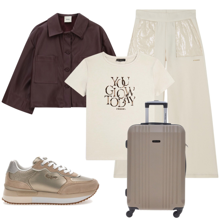 Outfit donna - Comodi per viaggiare. Stile Glamour per Tutti i giorni. Abbinamento con t-shirt, pantaloni sportivi, blazer, sneakers, valigie.
