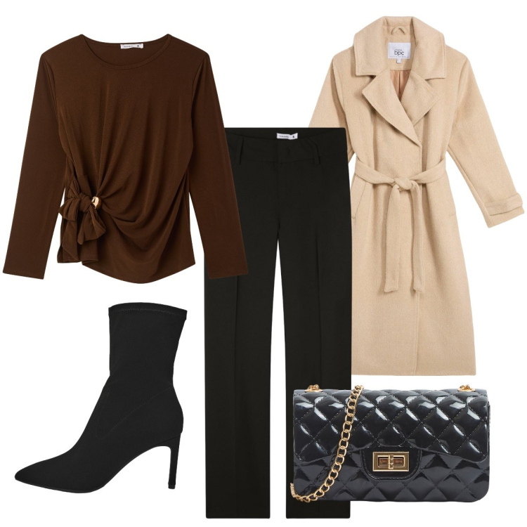 Outfit donna - La blusa col dettaglio dorato. Stile Trendy per Tutti i giorni. Abbinamento con cappotti, borse a tracolla, pantaloni, stivali, bluse.