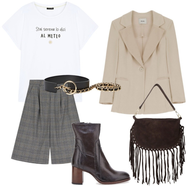 Outfit donna - Fall mid season sale. Stile Urban per Ufficio. Abbinamento con borse a tracolla, bermuda, blazer, stivaletti, t-shirt, cinture.
