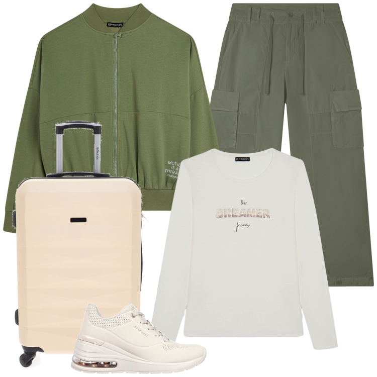 Outfit donna - Total look #2260123. Stile Trendy per Tutti i giorni. Abbinamento con pantaloni cargo, felpe, t-shirt, sneakers, valigie.