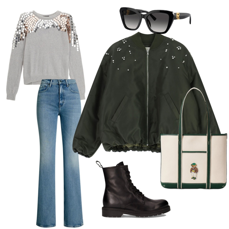 Outfit donna - Ottobre. Stile Casual chic per Tutti i giorni. Abbinamento con pullovers, bomber, occhiali da sole, jeans bootcut, borse tote, anfibi.
