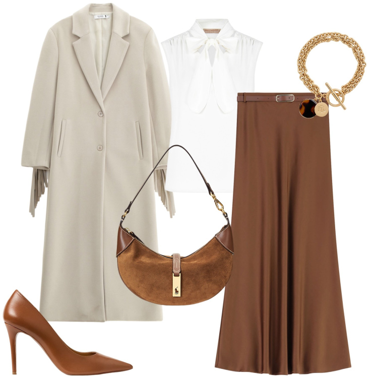 Outfit donna - Eleganti a cena. Stile Glamour per Serata fuori. Abbinamento con cappotti, top, gonne lunghe, borse a spalla, décolleté, braccialetti con ciondoli.