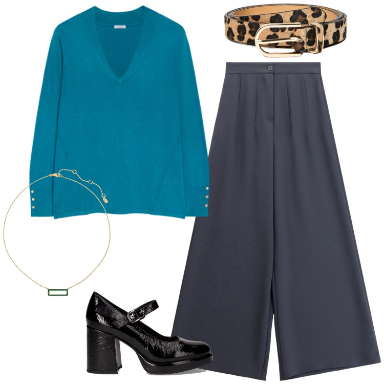 Outfit donna - Fascino blu. Stile Bon Ton per Ufficio. Abbinamento con pantaloni a palazzo, collane, décolleté, maglieria, cinture.