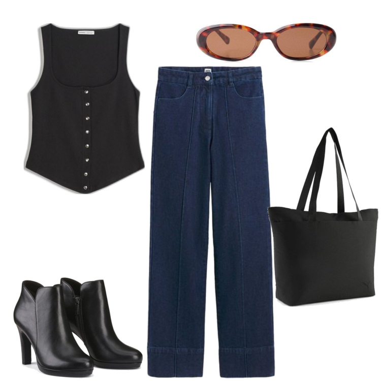 Outfit mujer - Casual #11219. Estilo Casual para Todos los días. Combinación con top, botines, vaqueros, bolso tote, gafas de sol.