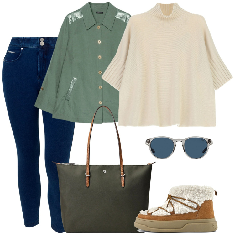 Outfit donna - Una passeggiata in montagna. Stile Casual per Tutti i giorni. Abbinamento con maglieria, jeans skinny, borse tote, occhiali da sole, stivaletti, camicie.